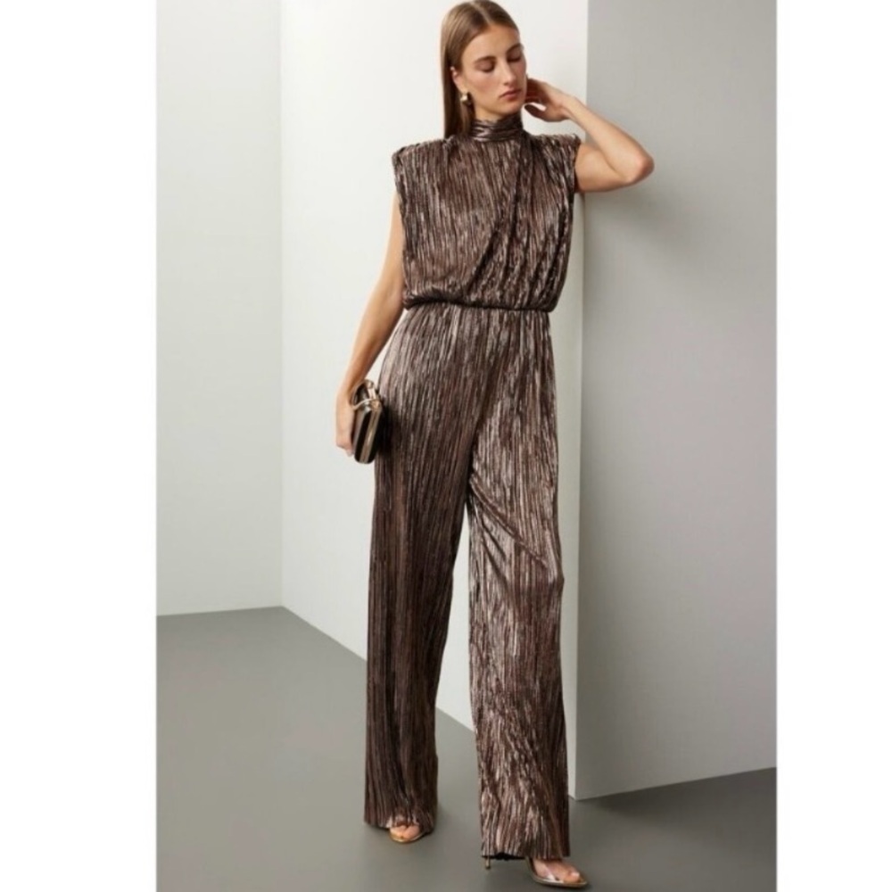 Sabina Musayev Metallic Brown Pleated Jumpsuit